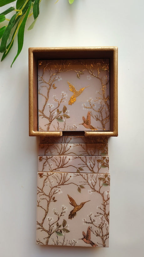 Wooden Coasters and Case with Gold Enamel Painted Nature Motifs (Set of 6)