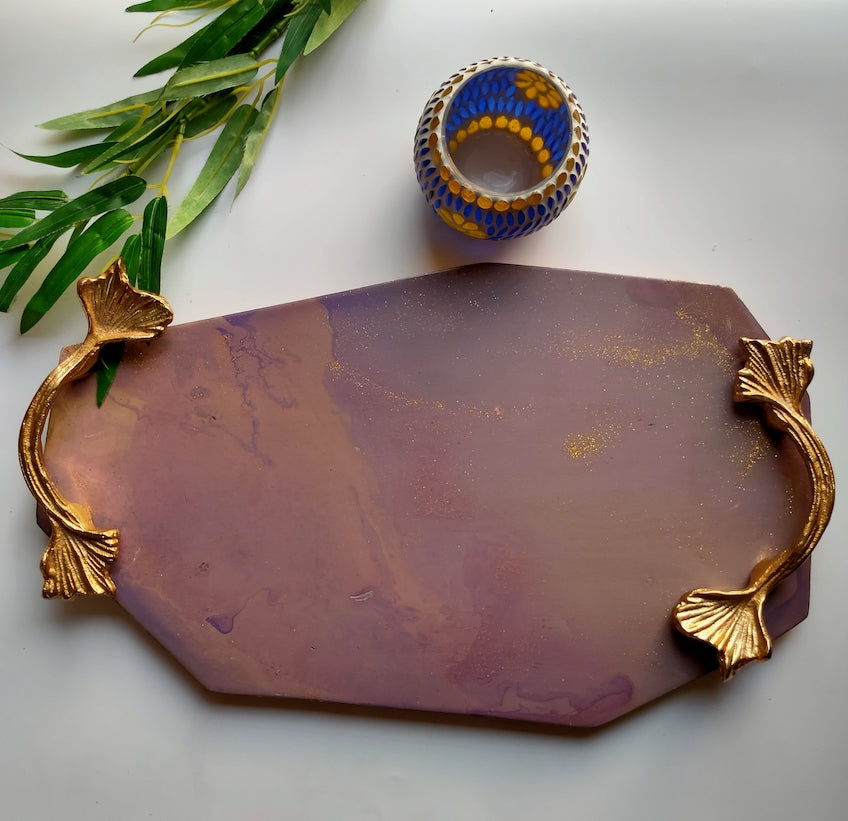 Premium Wood Serving Tray (Long) with a Splash of Colors and Gold Painted Handles