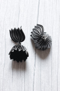 Oxidised Finish Lotus Jhumka Earrings