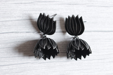 Oxidised Finish Lotus Jhumka Earrings