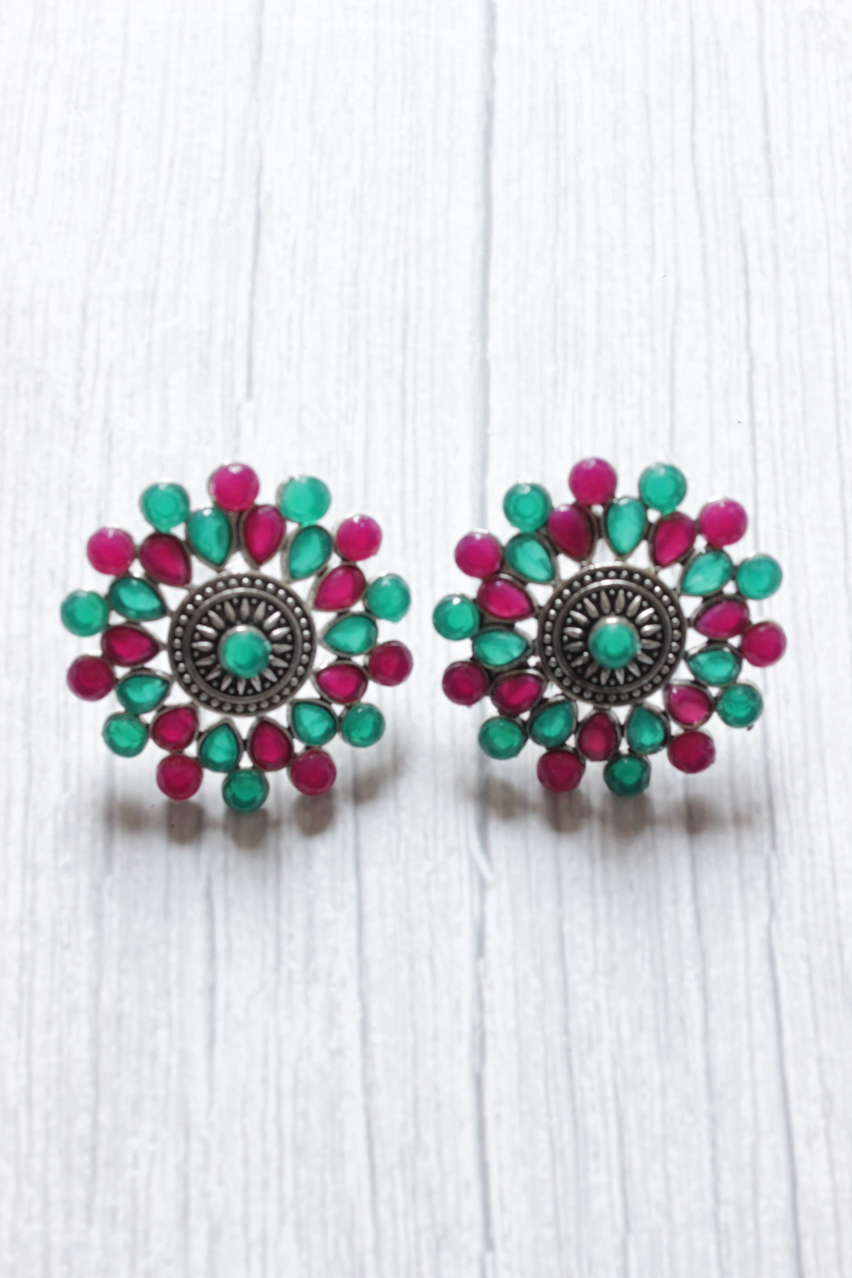 Vibrant Pink and Green Glass Stones Embedded Stud Earrings