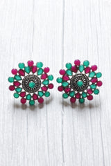 Vibrant Pink and Green Glass Stones Embedded Stud Earrings