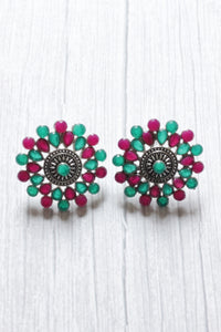 Vibrant Pink and Green Glass Stones Embedded Stud Earrings