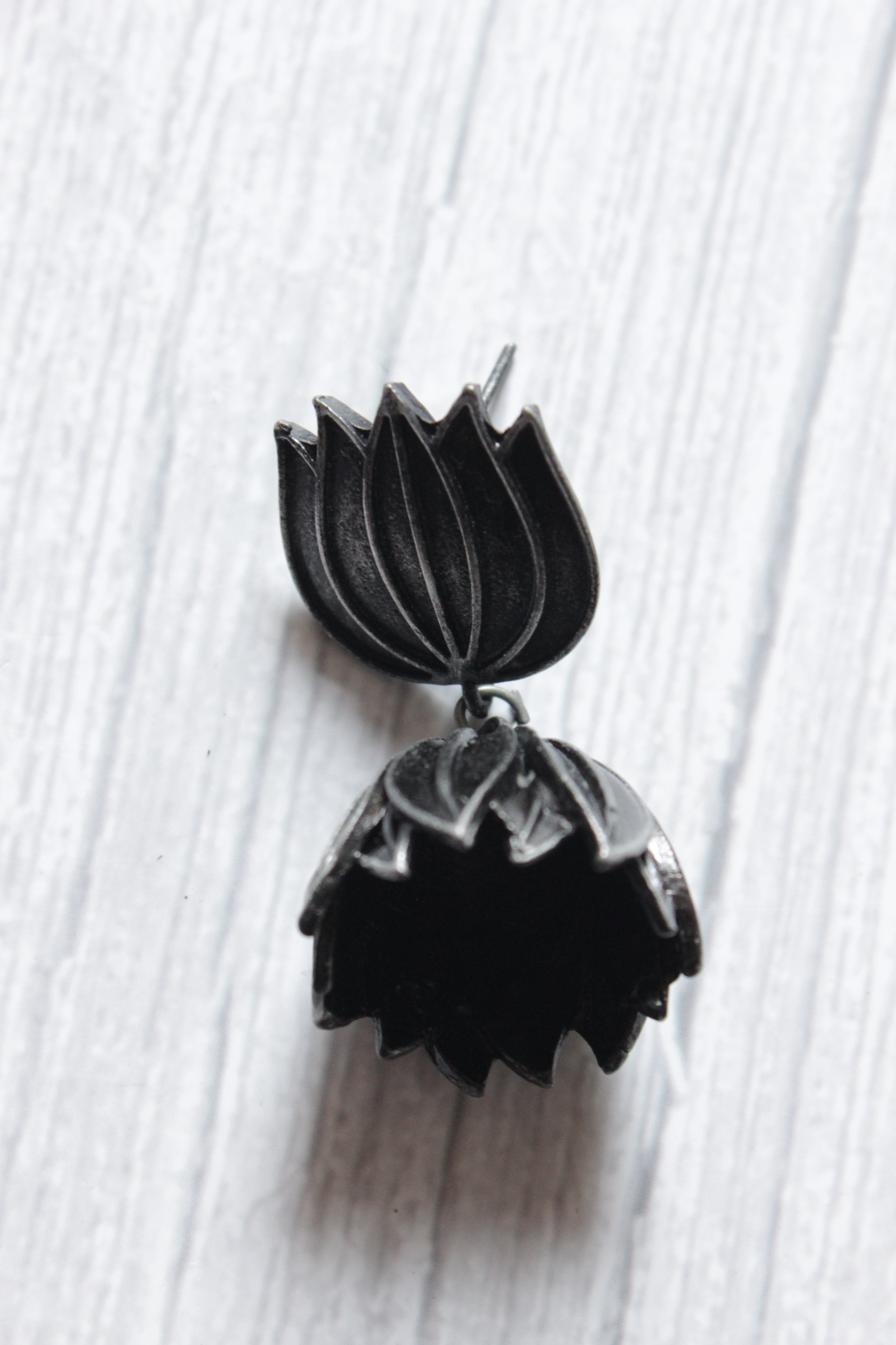 Oxidised Finish Lotus Jhumka Earrings