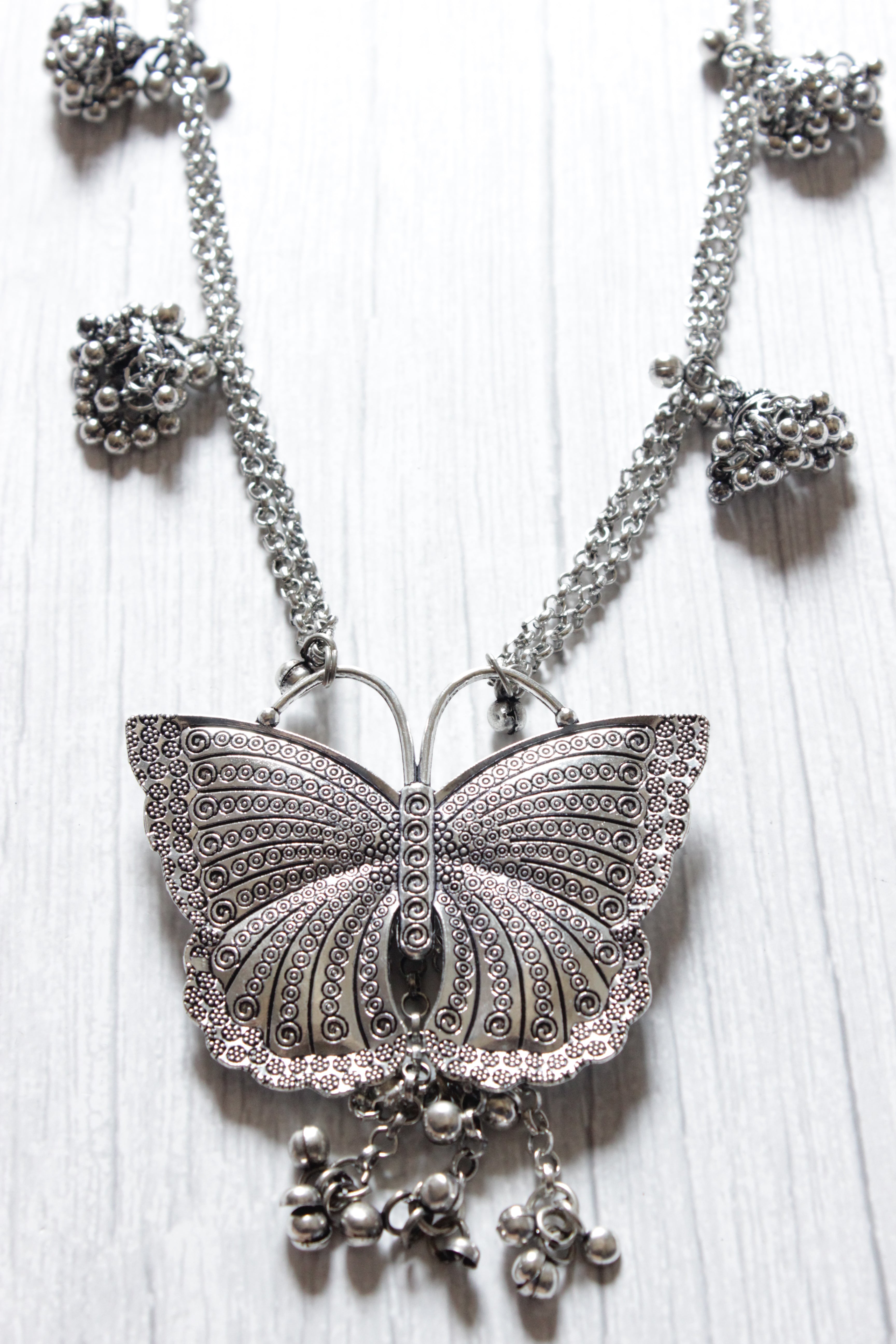 Oxidised Finish Butterfly Pendant Dual Chain Handcrafted Necklace