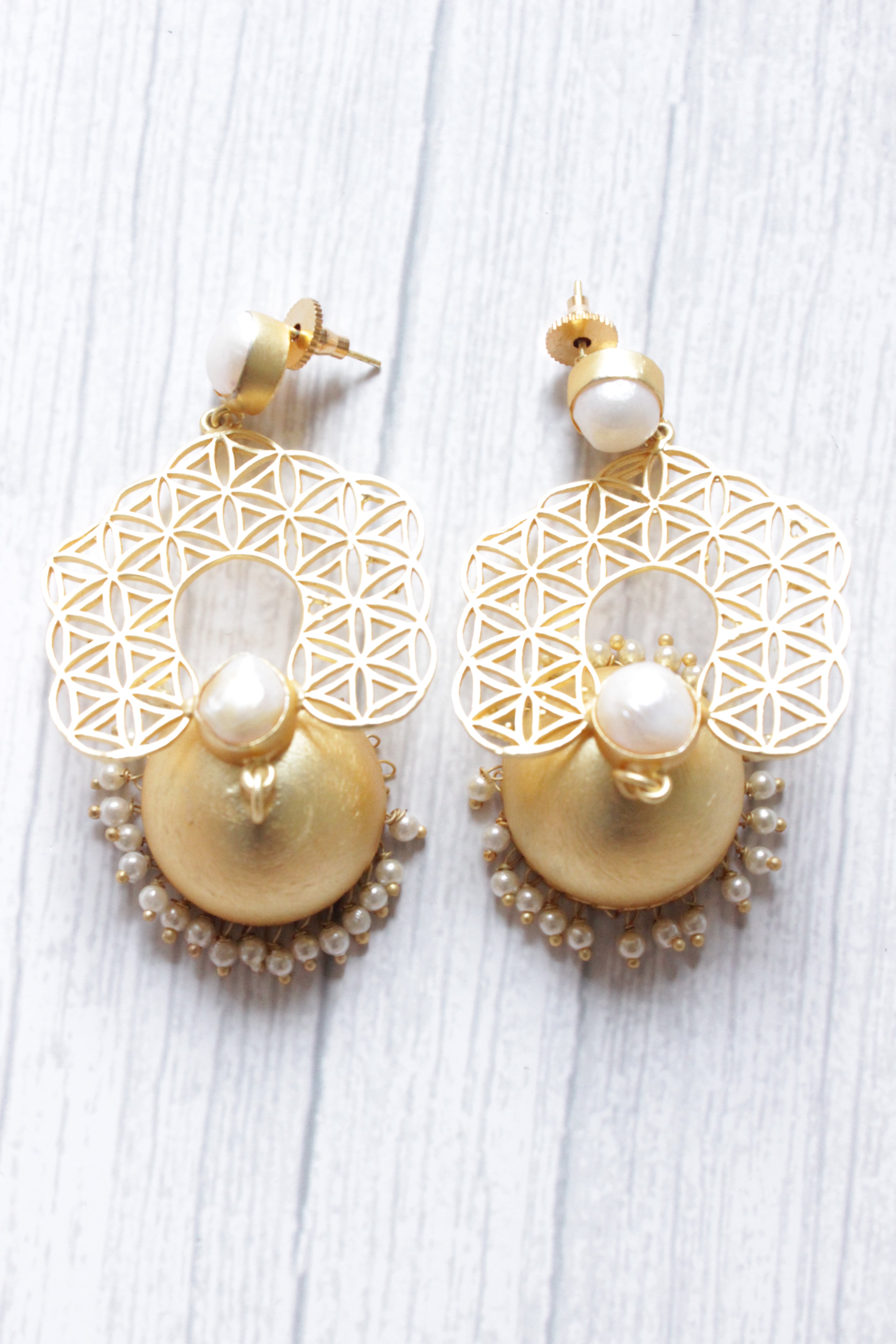 Outstanding River Pearl Gold Plated Intricately Detailed Jhumka Earrings