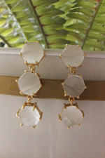 Load image into Gallery viewer, White Natural Hexagon Gemstone Gold Plated 3-Layer Dangler Earrings
