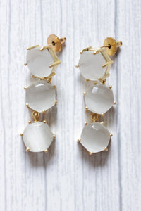White Natural Hexagon Gemstone Gold Plated 3-Layer Dangler Earrings