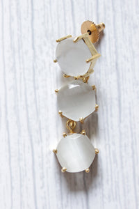 White Natural Hexagon Gemstone Gold Plated 3-Layer Dangler Earrings