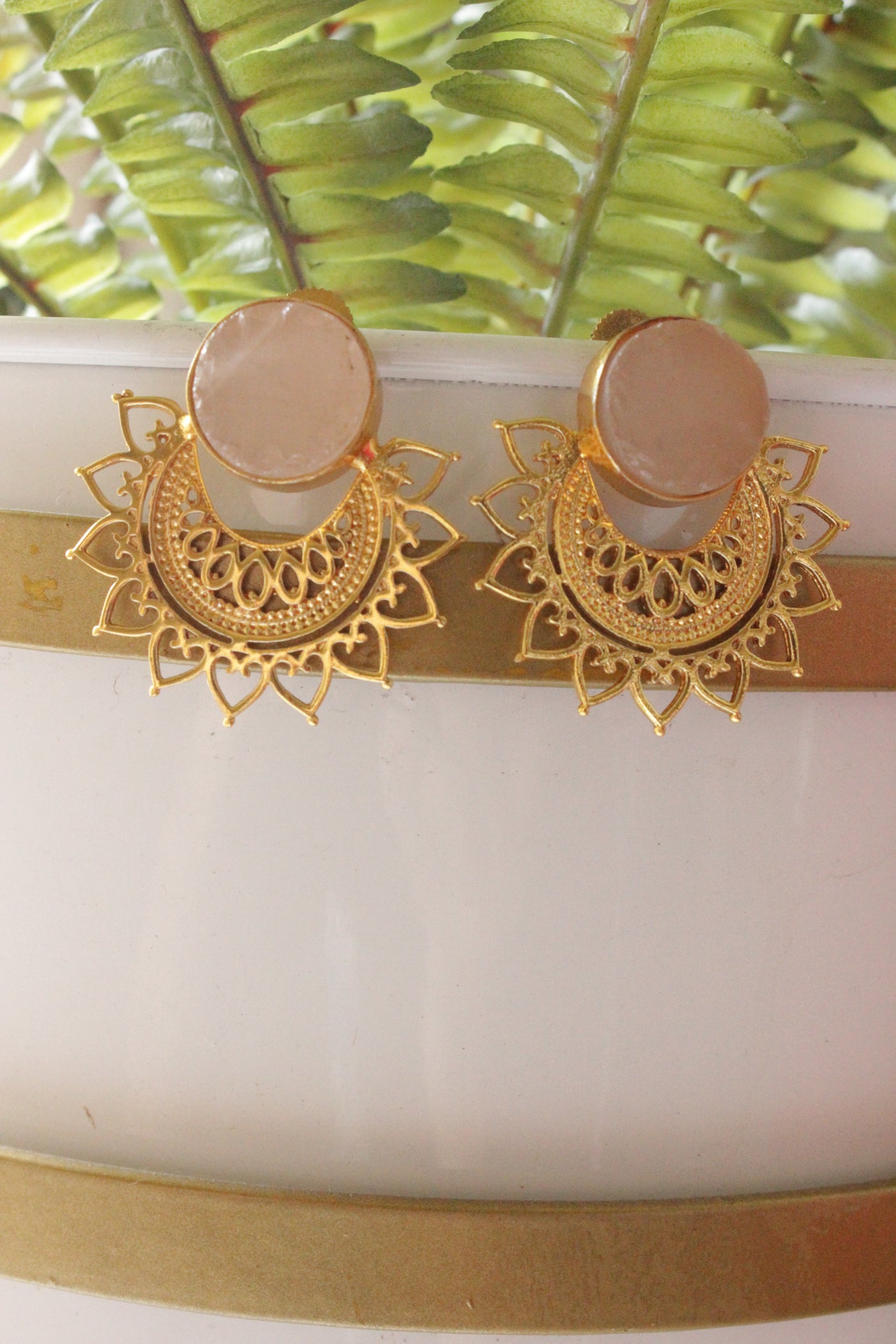 Rose Quartz Rough Natural Gemstone Gold Plated Stud Earrings