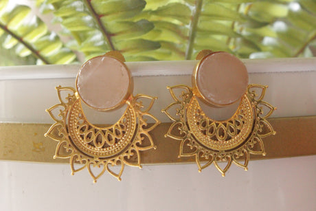 Rose Quartz Rough Natural Gemstone Gold Plated Stud Earrings