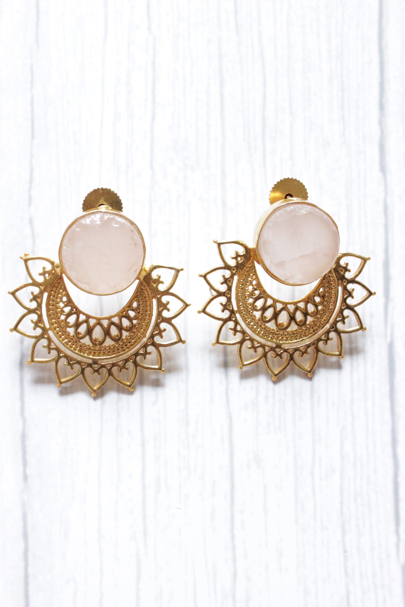 Rose Quartz Rough Natural Gemstone Gold Plated Stud Earrings