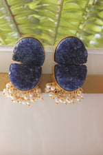 Load image into Gallery viewer, Purple Titanium Natural Druzy Gemstone Gold Plated D Shape Stud Earrings
