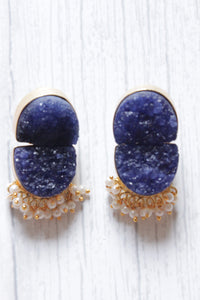 Purple Titanium Natural Druzy Gemstone Gold Plated D Shape Stud Earrings