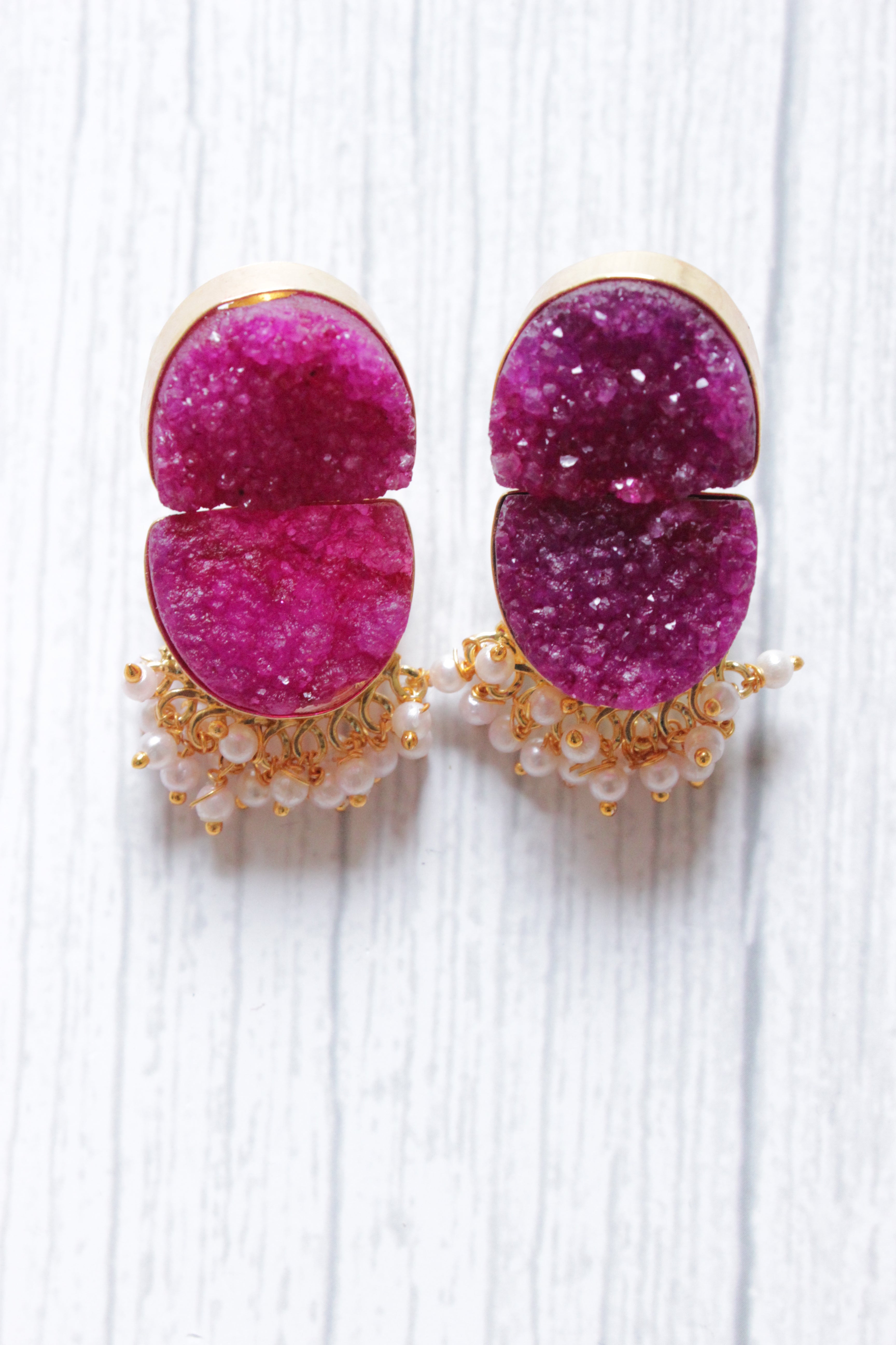 Pink Titanium Natural Druzy Gemstone Gold Plated D Shape Stud Earrings