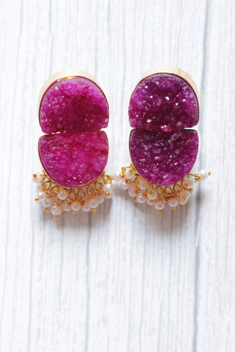 Pink Titanium Natural Druzy Gemstone Gold Plated D Shape Stud Earrings