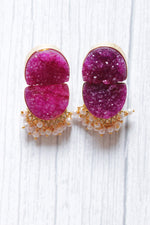 Load image into Gallery viewer, Pink Titanium Natural Druzy Gemstone Gold Plated D Shape Stud Earrings
