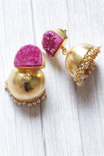 Load image into Gallery viewer, D Shape Pink Sugar Druzy Natural Gemstone Gold Plated Wedding Jhumka Earrings
