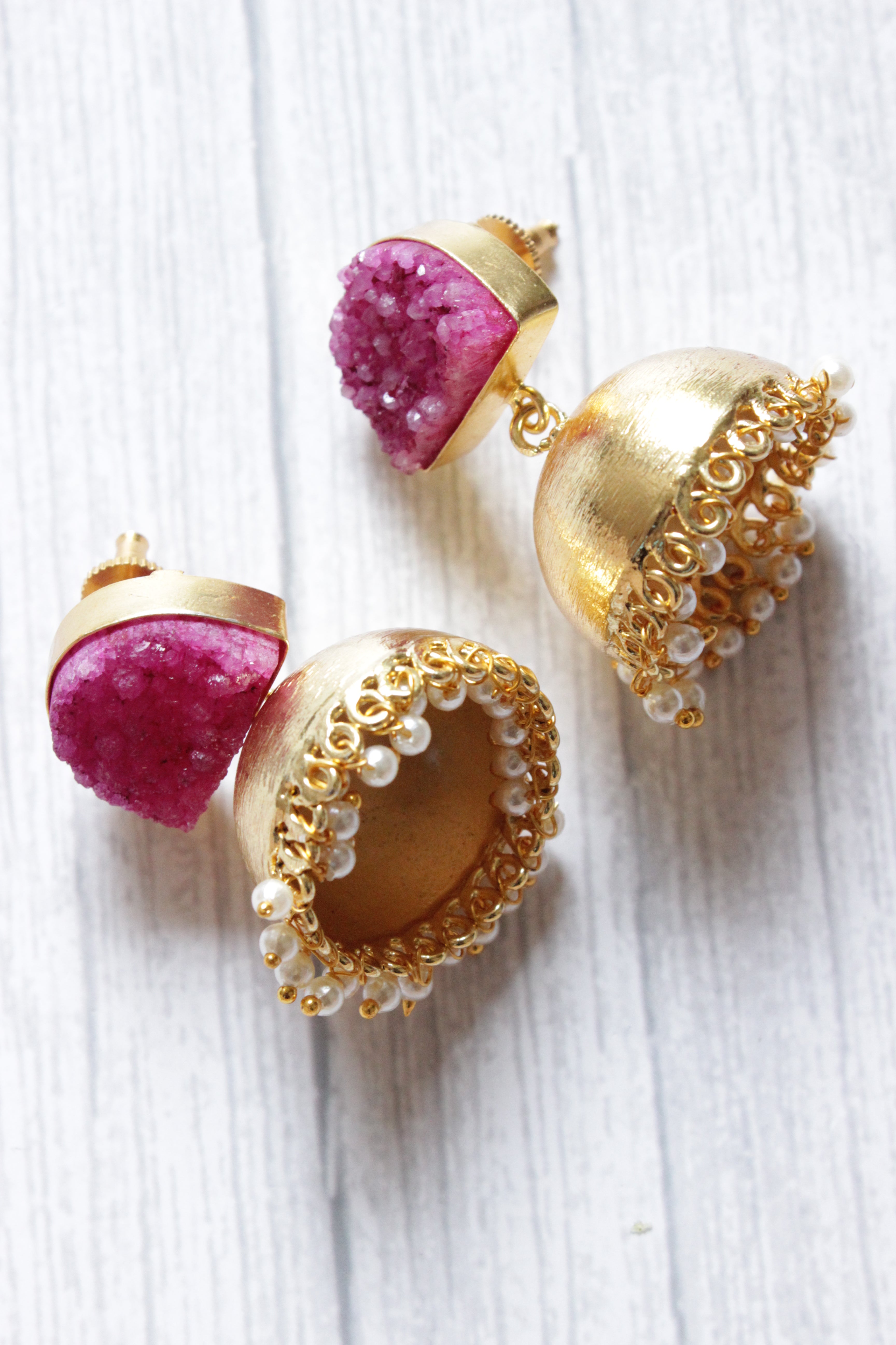 D Shape Pink Sugar Druzy Natural Gemstone Gold Plated Wedding Jhumka Earrings