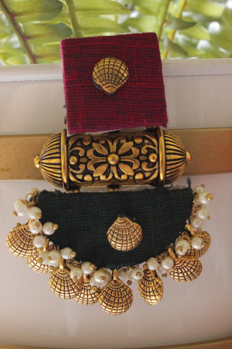 Antique Gold Finish Pink and Green Fabric Ethnic Earrings