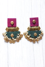 Load image into Gallery viewer, Antique Gold Finish Pink and Green Fabric Ethnic Earrings
