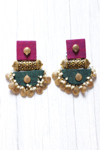 Antique Gold Finish Pink and Green Fabric Ethnic Earrings