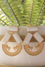 Load image into Gallery viewer, White Pearl Natural Gemstone Gold Plated Intricately Detailed Circular Dangler Earrings
