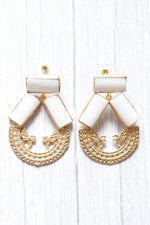Load image into Gallery viewer, White Pearl Natural Gemstone Gold Plated Intricately Detailed Circular Dangler Earrings
