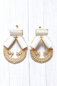 White Pearl Natural Gemstone Gold Plated Intricately Detailed Circular Dangler Earrings