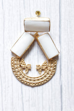 Load image into Gallery viewer, White Pearl Natural Gemstone Gold Plated Intricately Detailed Circular Dangler Earrings
