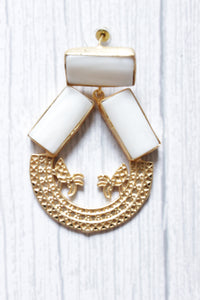 White Pearl Natural Gemstone Gold Plated Intricately Detailed Circular Dangler Earrings