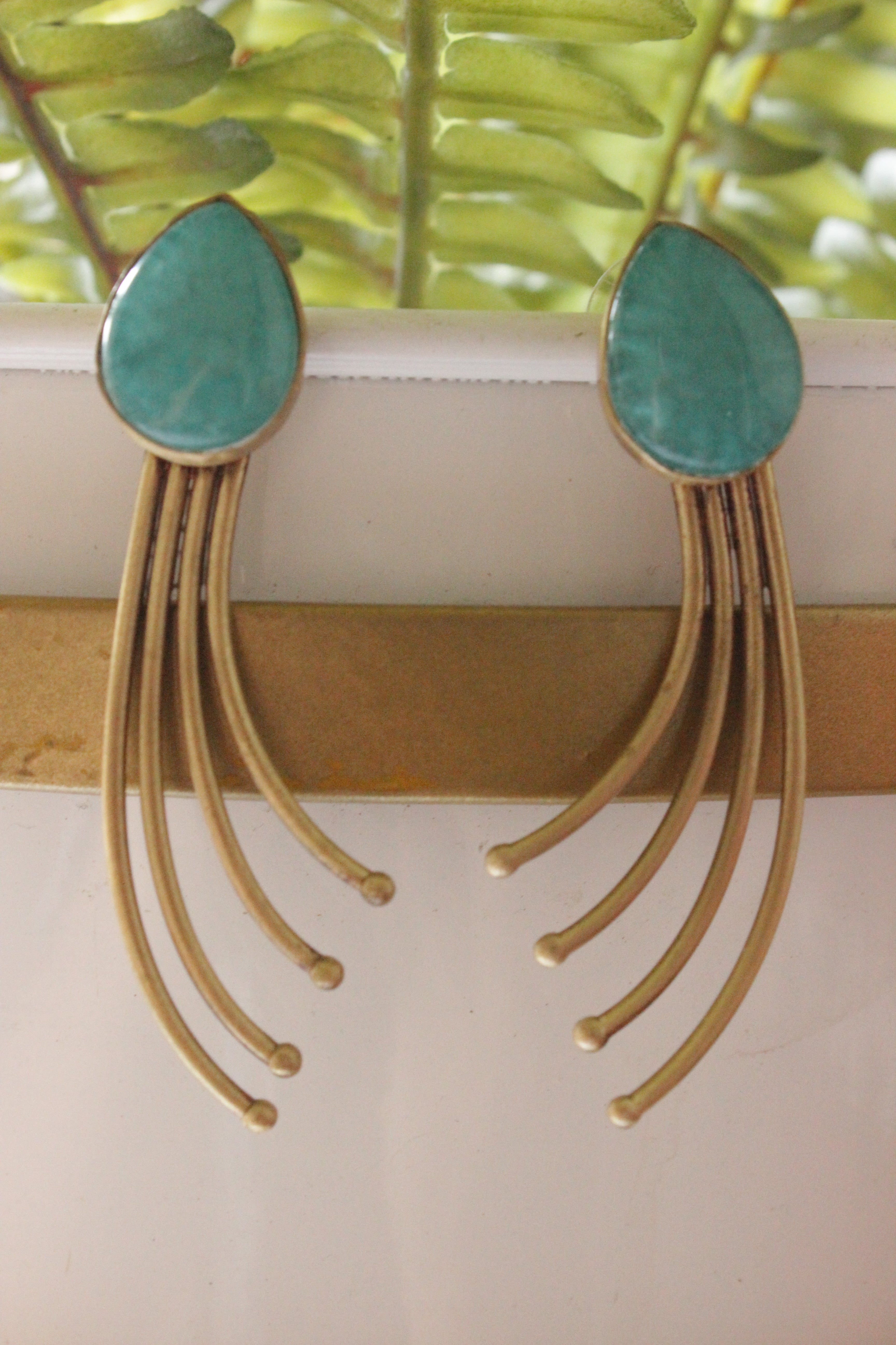 Turquoise Glass Stone Brass Dangler Earrings