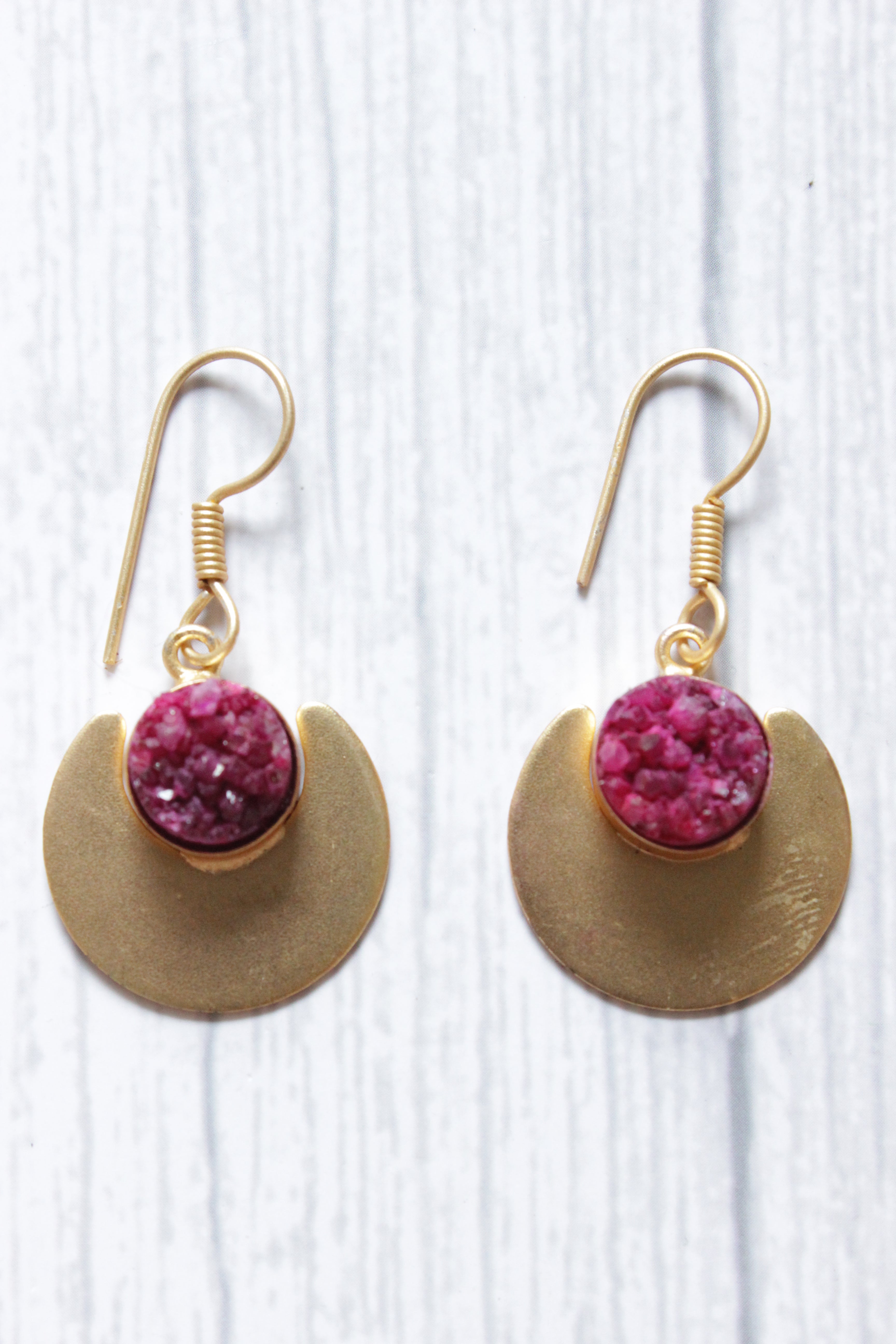Pink Titanium Natural Druzy Gemstone Centerpiece Gold Plated Dangler Earrings