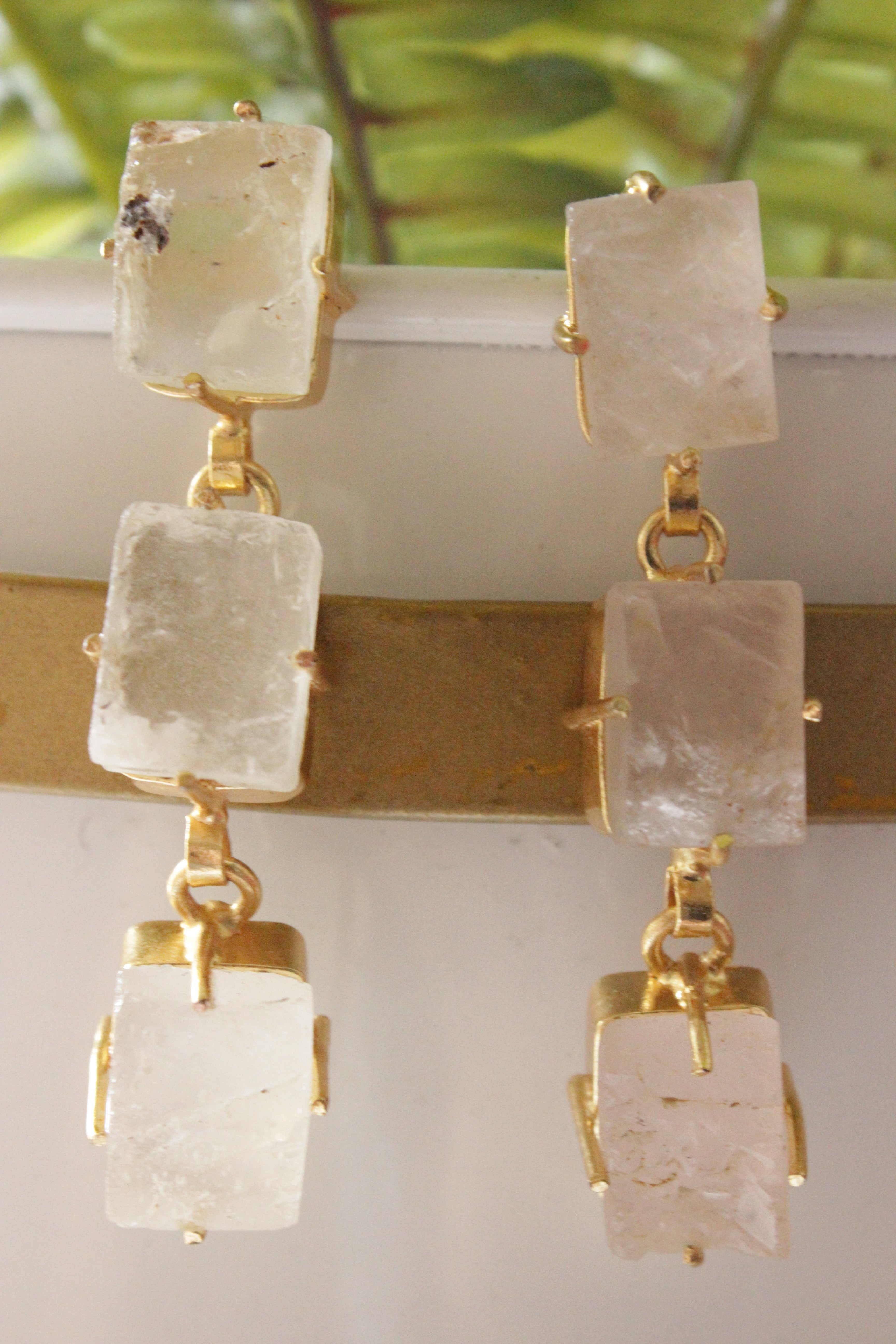 White Quartz Gemstone Gold Plated 3 Layer Dangler Earrings