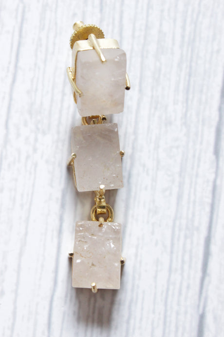 White Quartz Gemstone Gold Plated 3 Layer Dangler Earrings