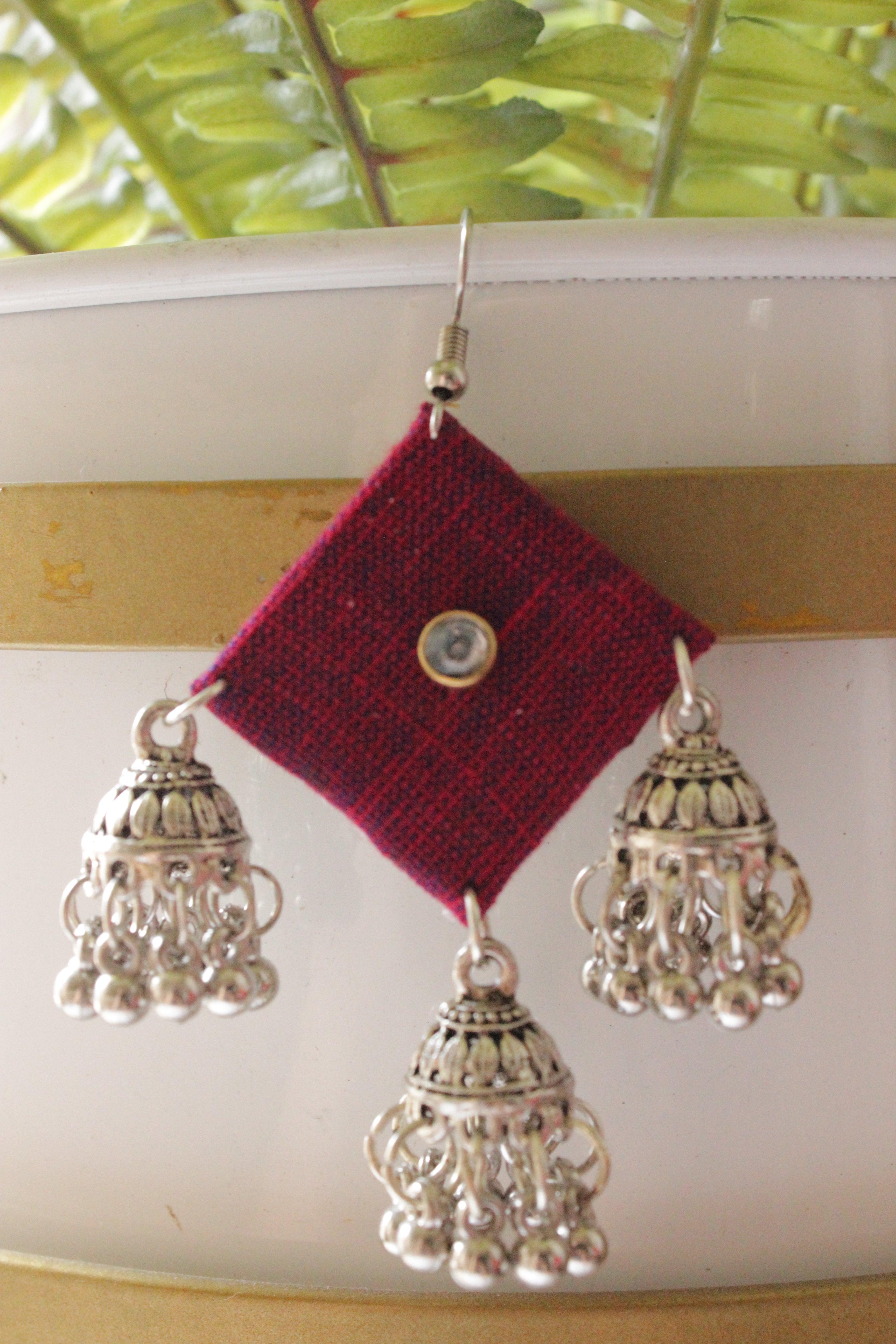 Handcrafted Fabric Square 3 Jhumka Earrings