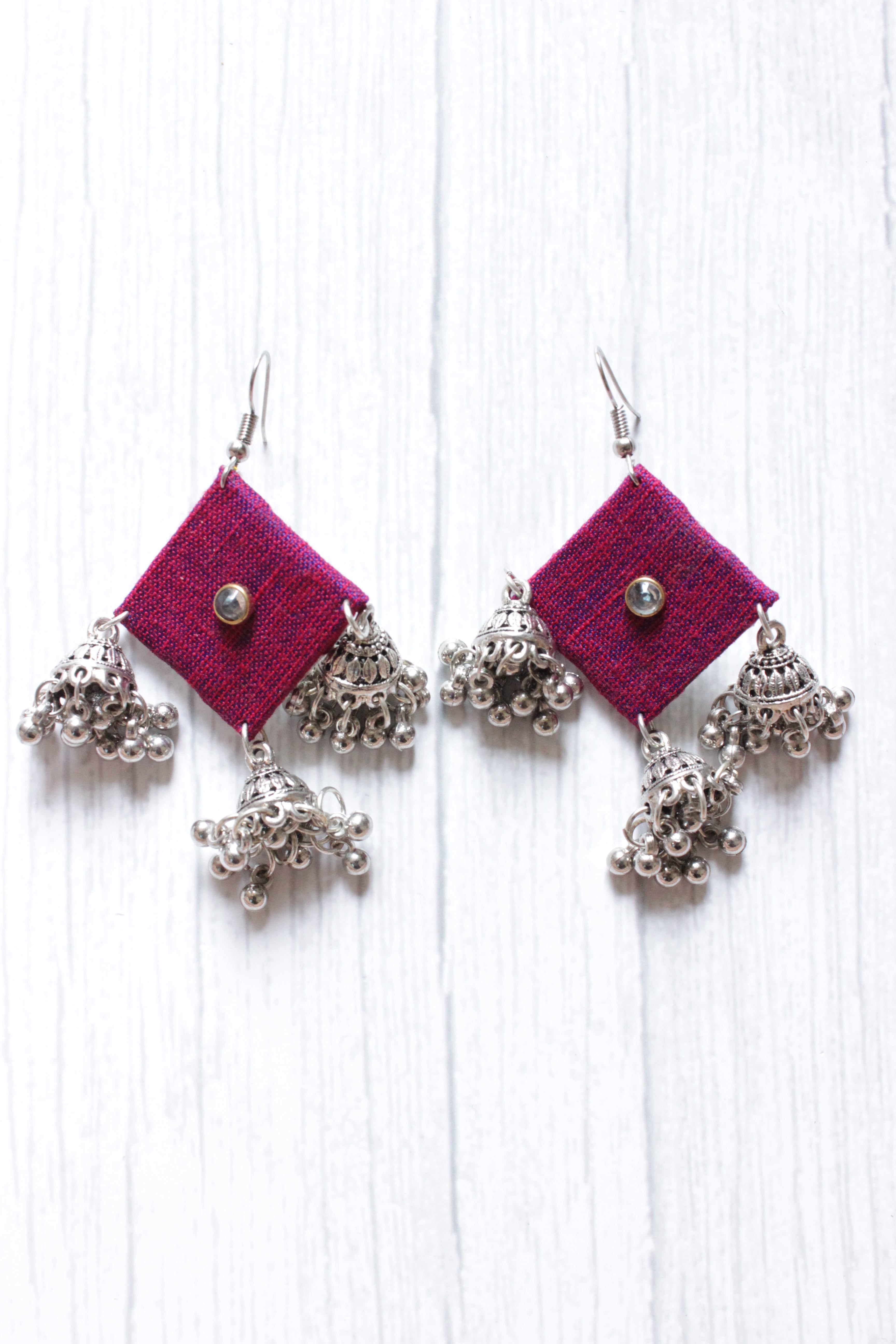Handcrafted Fabric Square 3 Jhumka Earrings