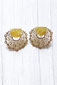 Yellow Titanium Druzy Natural Gemstone Gold Plated Intricately Detailed Stud Earrings