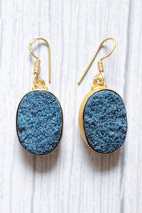 Blue Titanium Druzy Natural Gemstone Gold Plated Hook Earrings