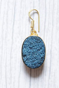 Blue Titanium Druzy Natural Gemstone Gold Plated Hook Earrings