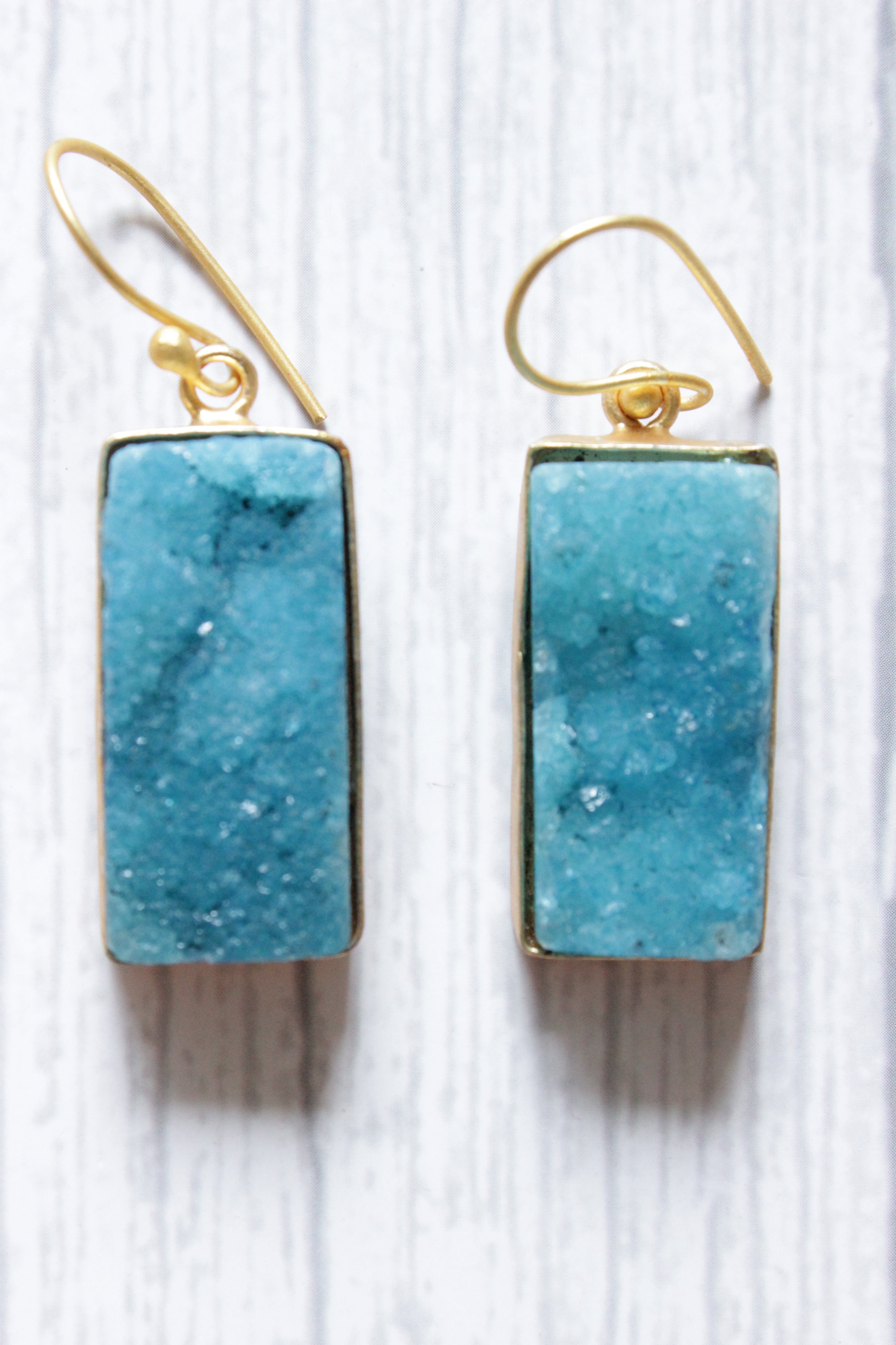 Handmade Blue Natural Sugar Druzy Gemstone Gold Plated Hook Earrings