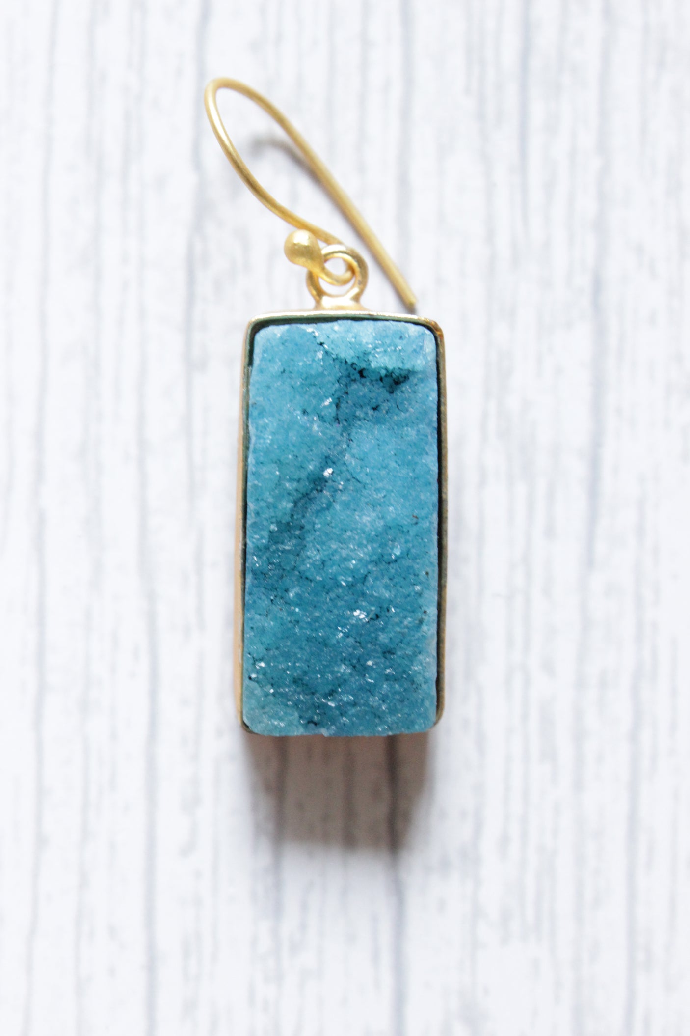 Handmade Blue Natural Sugar Druzy Gemstone Gold Plated Hook Earrings