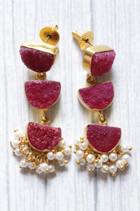 Pink Natural Sugar Druzy Gemstone Gold Plated D Shape Dangler Earrings