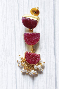 Pink Natural Sugar Druzy Gemstone Gold Plated D Shape Dangler Earrings