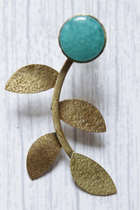 Turquoise Glass Stone Leaf Motif Brass Earrings