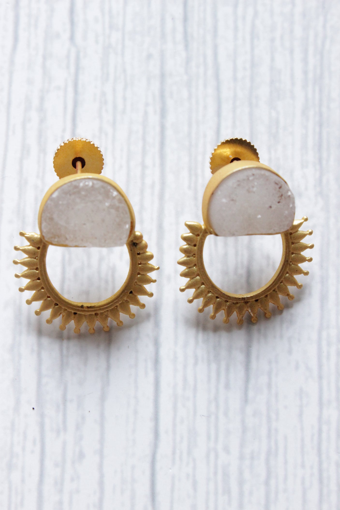 White Sugar Druzy Natural Gemstone Gold Plated D Shape Drop Earrings