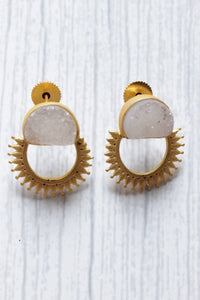 White Sugar Druzy Natural Gemstone Gold Plated D Shape Drop Earrings