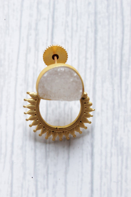 White Sugar Druzy Natural Gemstone Gold Plated D Shape Drop Earrings