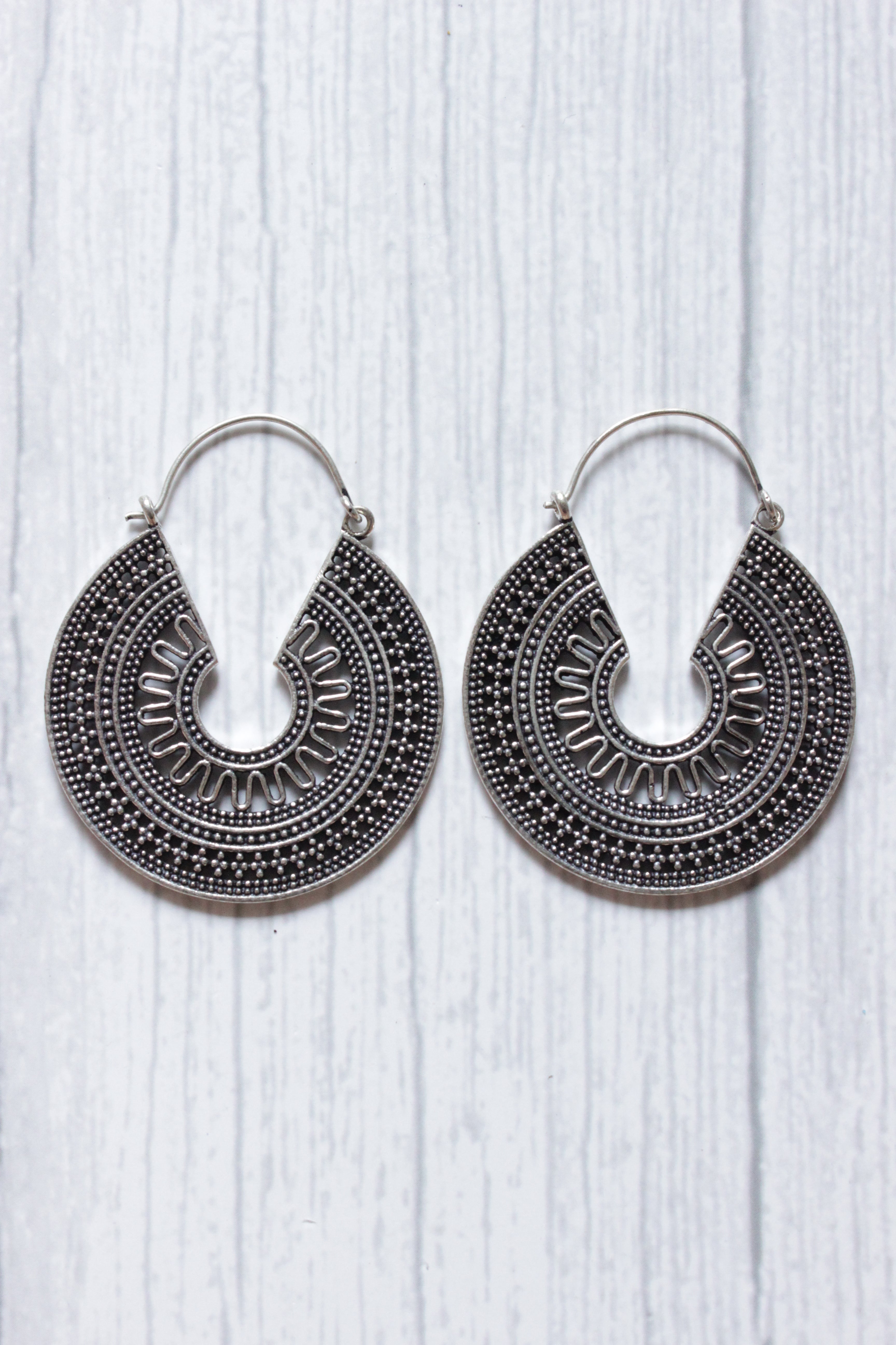 Spiral Boho Silver Plated Intricately Detailed Circular Earrings