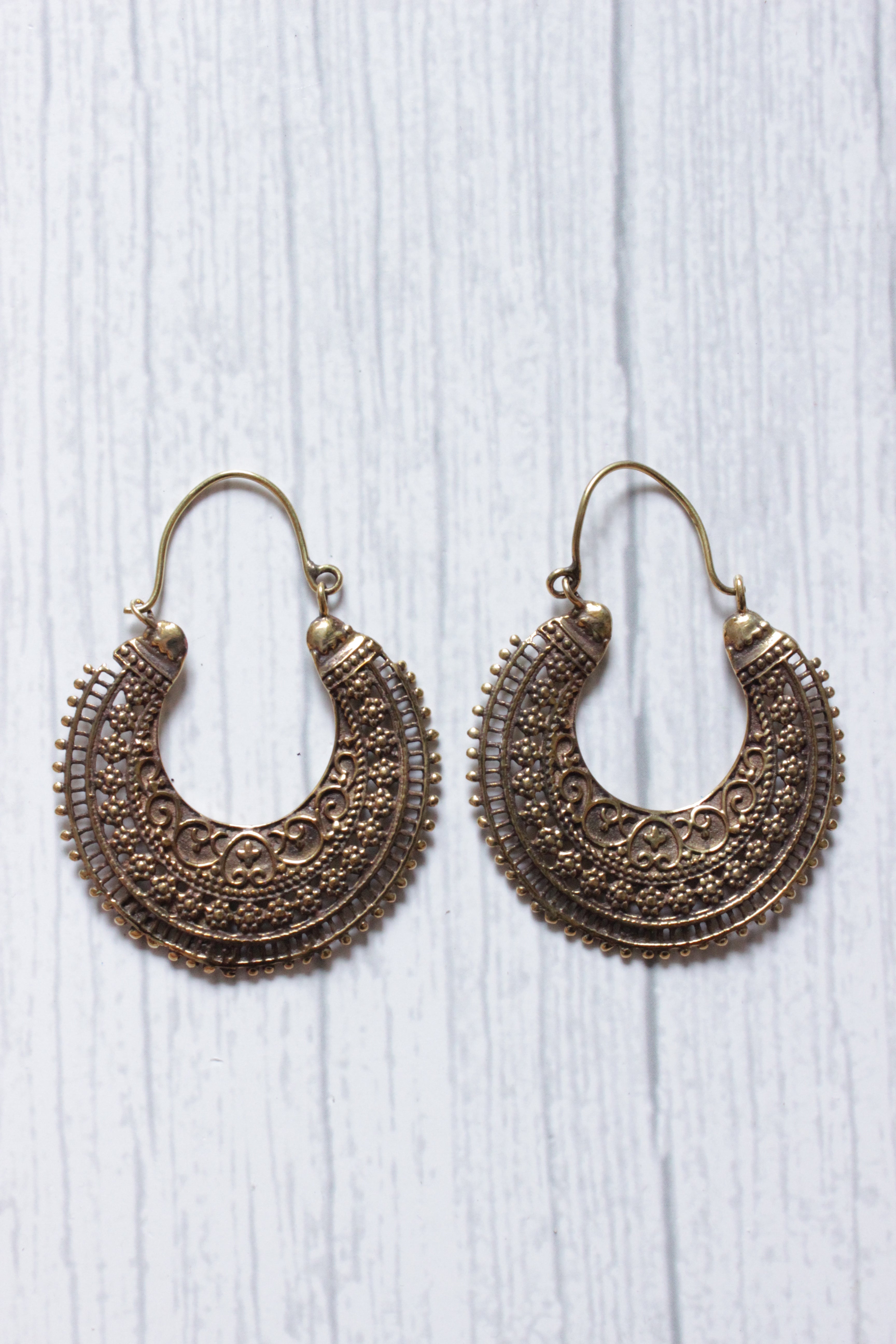 Vintage Brass Spiral Bali Intricately Detailed Handmade Hoop Earrings